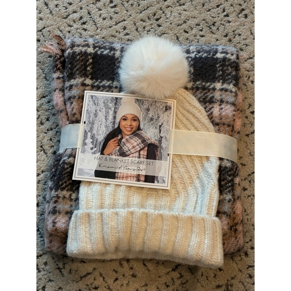 Emanuel Geraldo Womens Hat and Blanket Scarf Set Plaid Pink Grey Beanie Pom Pom